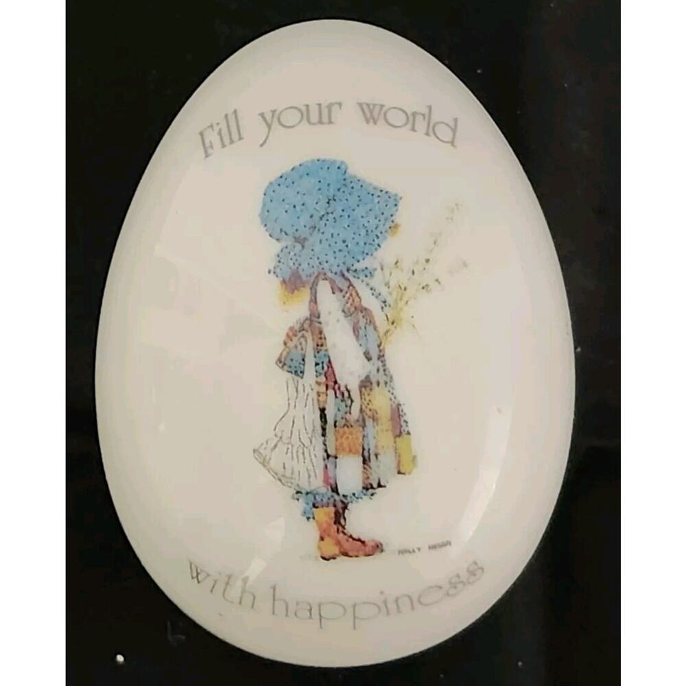 1977 Holly Hobbie "Fill Your World With Happiness" Porcelain Egg Trinket Box - Picture 4 of 5